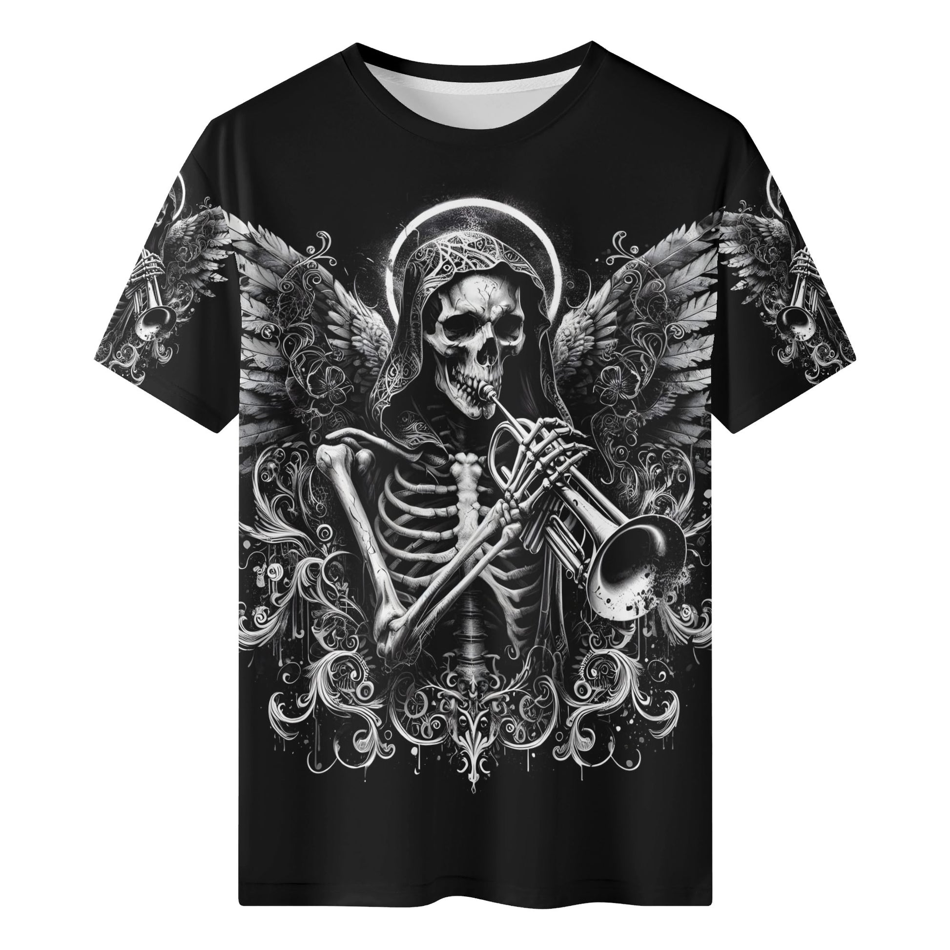 Trumpet of the Dead 100 Cotton T-Shirt featuring skeleton angel playing trumpet design
