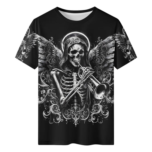 Trumpet of the Dead 100 Cotton T-Shirt featuring skeleton angel playing trumpet design