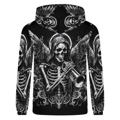 Trumpet of the Dead Poly French Terry hoodie by Loud and Lethal featuring skeleton playing trumpet graphic