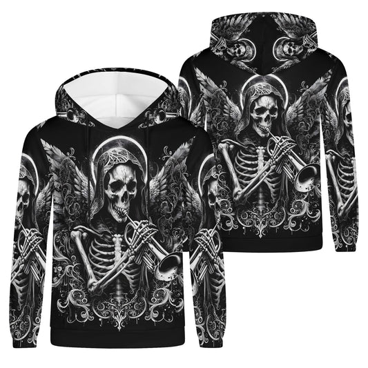 Trumpet of the Dead Poly French Terry hoodie with detailed skeleton playing trumpet design in black and white