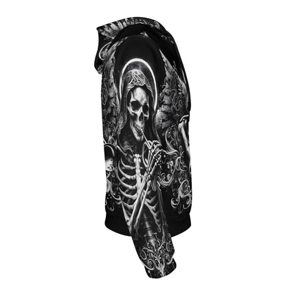 Trumpet of the Dead Poly French Terry hoodie by Loud and Lethal featuring detailed black and white skeleton design