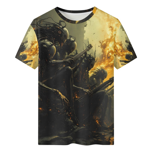 Twisted Souls of Chaos 100 Cotton T-Shirt featuring dark fiery skeletal figures playing guitars