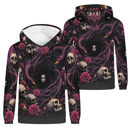 The Unraveling Shadows Cotton Terry hoodie by Loud and Lethal featuring gothic skulls, roses, and dark swirling shadows