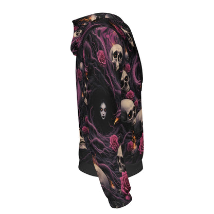 Loud and Lethal The Unraveling Shadows Cotton Terry hoodie unisex with skulls and dark rose design
