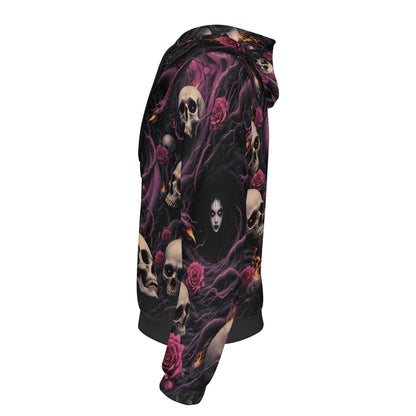 The Unraveling Shadows Cotton Terry hoodie by Loud and Lethal with skulls and dark purple roses design