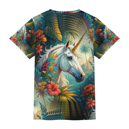 Unicorn Oasis Organic Cotton Kids T-Shirt by Loud and Lethal featuring a colorful unicorn and tropical floral design