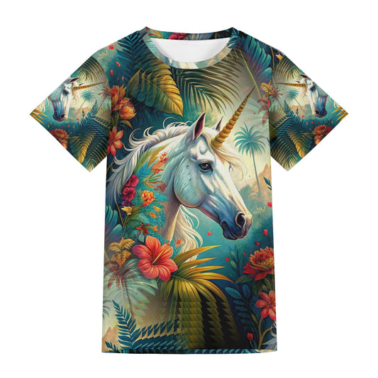 Unicorn Oasis Organic Cotton Kids T-Shirt by Loud and Lethal with colorful tropical unicorn design