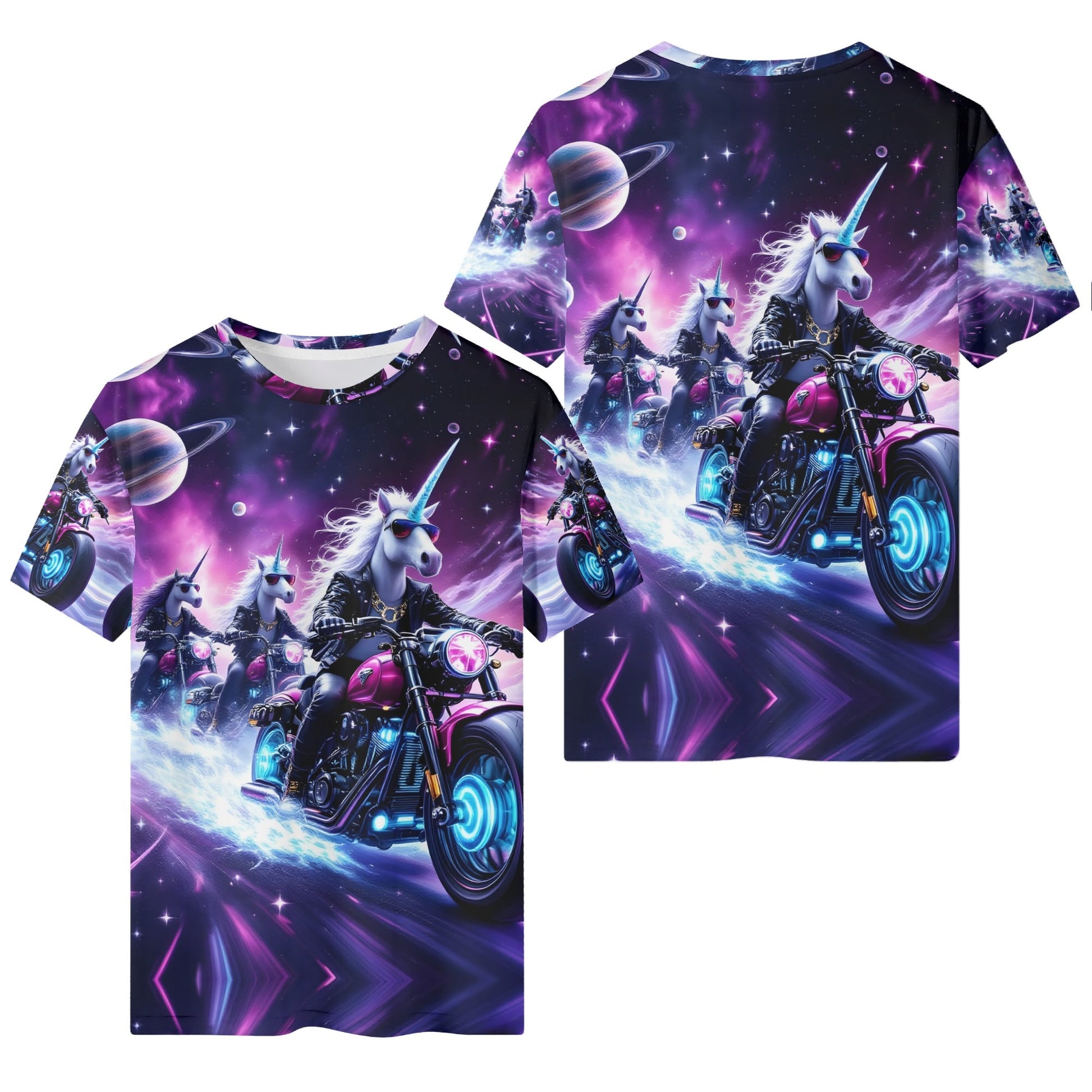 Unicorn Riders Organic Cotton Kids T-Shirt with vibrant space and motorcycle design by Loud and Lethal