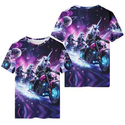 Unicorn Riders Organic Cotton Kids T-Shirt with vibrant space and motorcycle design by Loud and Lethal
