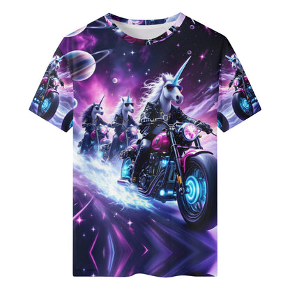 Unicorn Riders Organic Cotton Kids T-Shirt with vibrant space-themed unicorns riding motorcycles