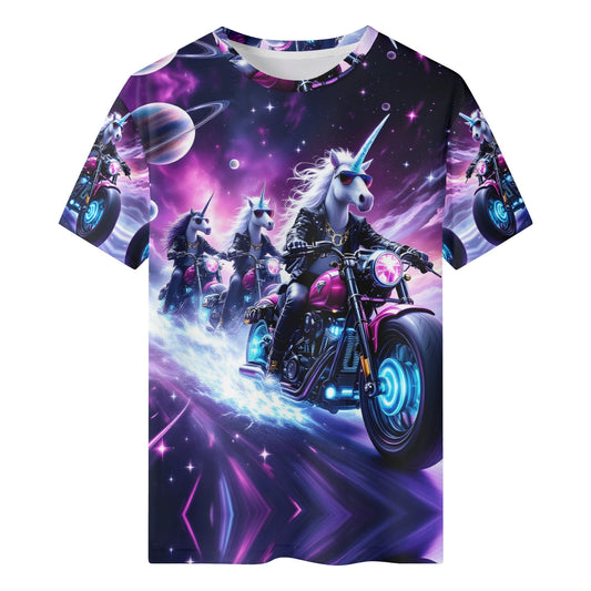 Unicorn Riders Organic Cotton Kids T-Shirt with vibrant space-themed unicorns riding motorcycles
