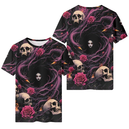 Unraveling Shadows Lycra T-Shirt by Loud and Lethal with skulls, roses, and dark swirling design