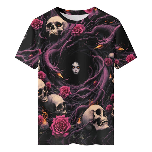 Unraveling Shadows Lycra T-Shirt by Loud and Lethal featuring skulls roses and dark forest design