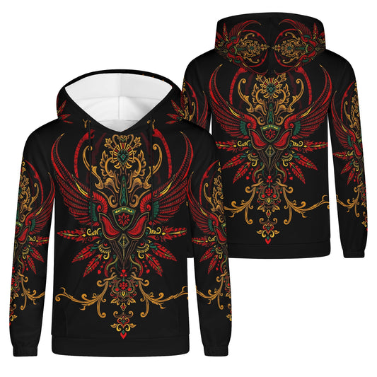Ornate Uprising Poly French Terry Hoodie Limited Edition black unisex hoodie with red gold ornate winged phoenix