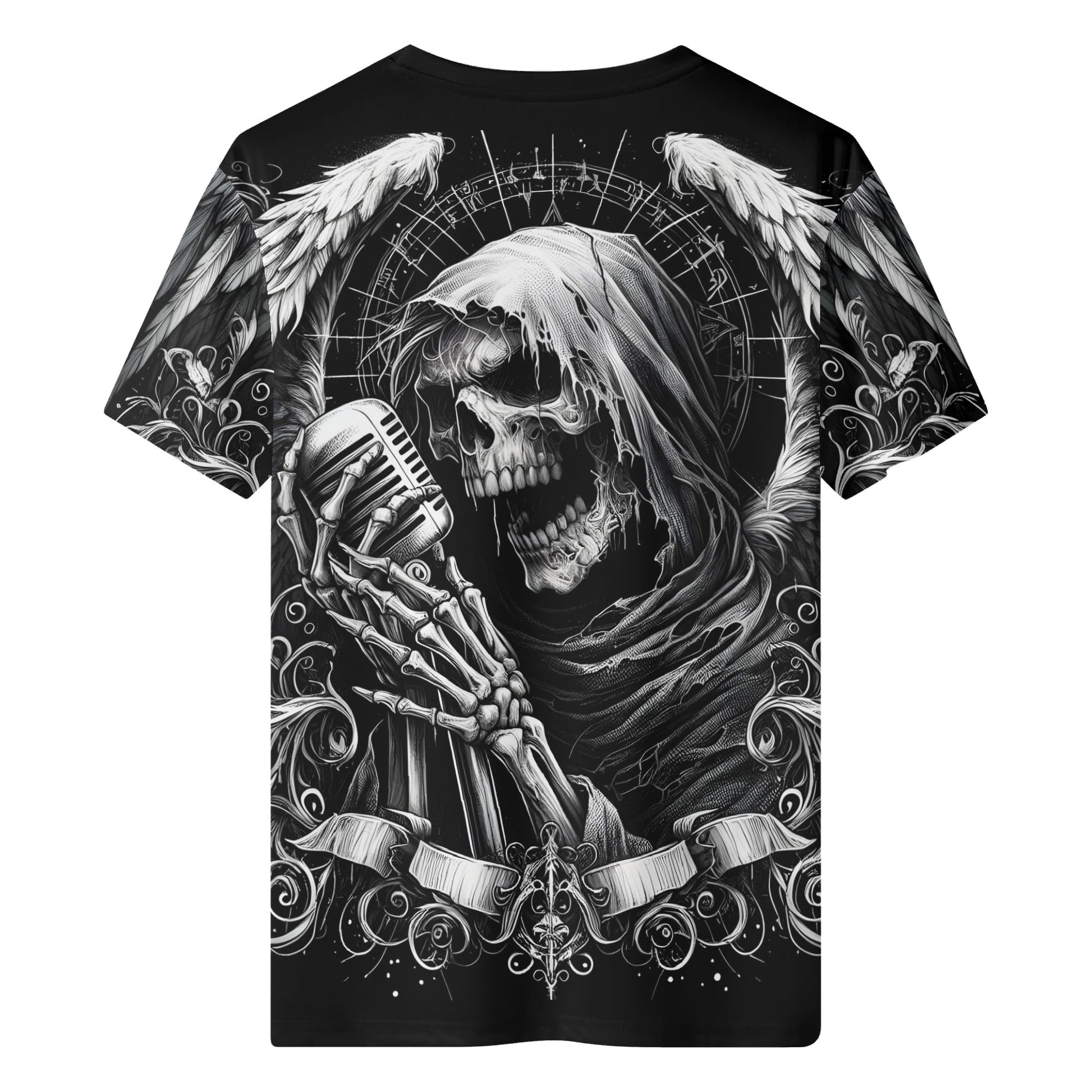 Shadowy Singer 100 Cotton T-Shirt black unisex design featuring hooded skull singer with vintage microphone and angel wings