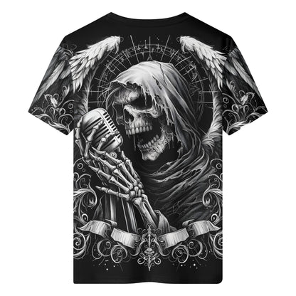Shadowy Singer 100 Cotton T-Shirt black unisex design featuring hooded skull singer with vintage microphone and angel wings