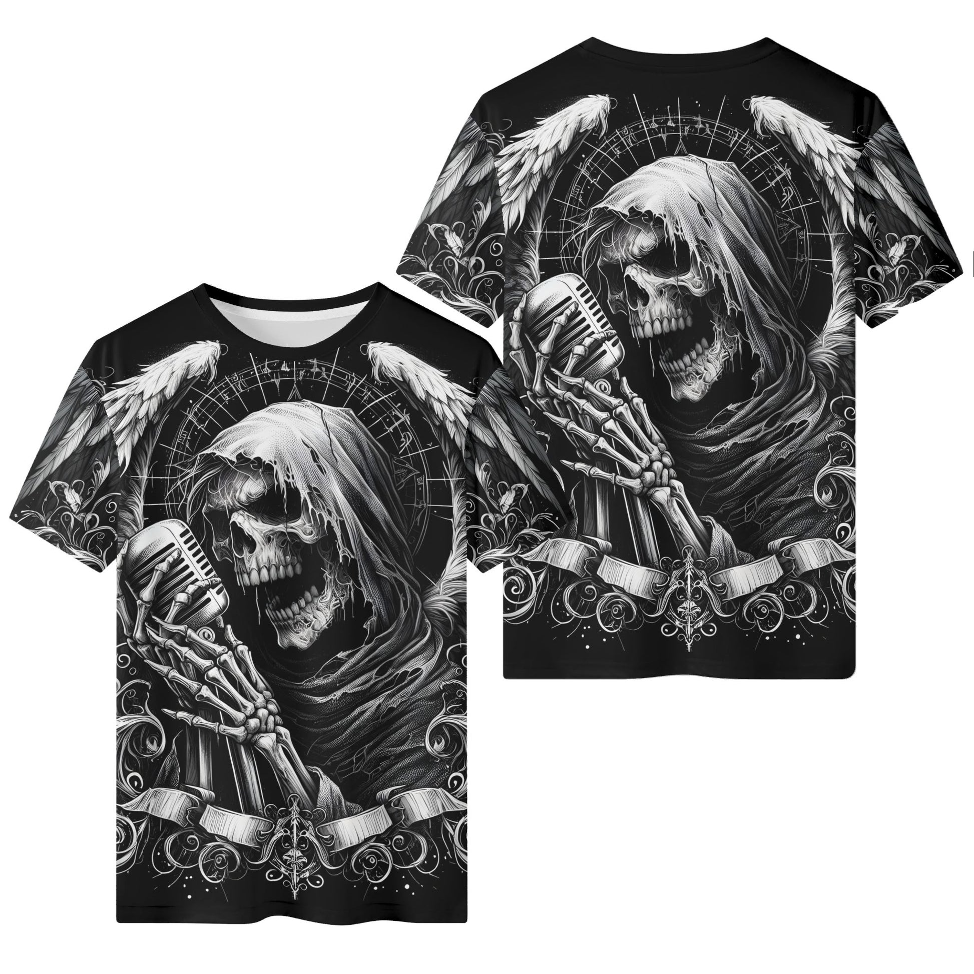 Loud and Lethal Shadowy Singer 100 Cotton T-Shirt unisex black tee skull singer with vintage mic and winged gothic artwork