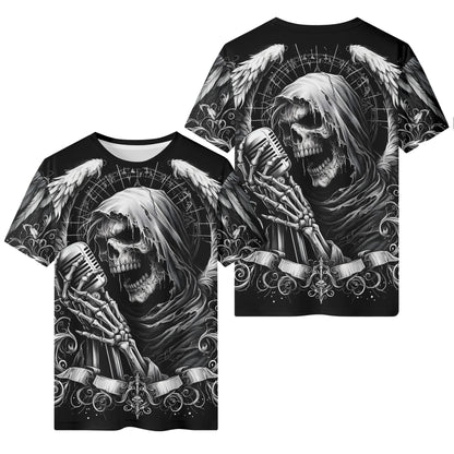 Loud and Lethal Shadowy Singer 100 Cotton T-Shirt unisex black tee skull singer with vintage mic and winged gothic artwork
