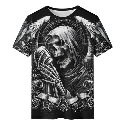 Loud and Lethal unisex black tee featuring skull reaper with microphone and wings gothic art Shadowy Singer 100 Cotton T-Shirt