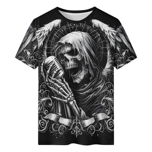 Loud and Lethal unisex black tee featuring skull reaper with microphone and wings gothic art Shadowy Singer 100 Cotton T-Shirt