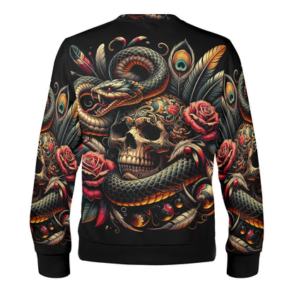 Loud and Lethal Tangled Fate Poly French Terry Sweatshirt unisex black sweatshirt back print skull snake roses and feathers