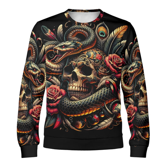 Tangled Fate Poly French Terry Sweatshirt Loud and Lethal unisex sweater with skull coiled snake roses and feathers on black