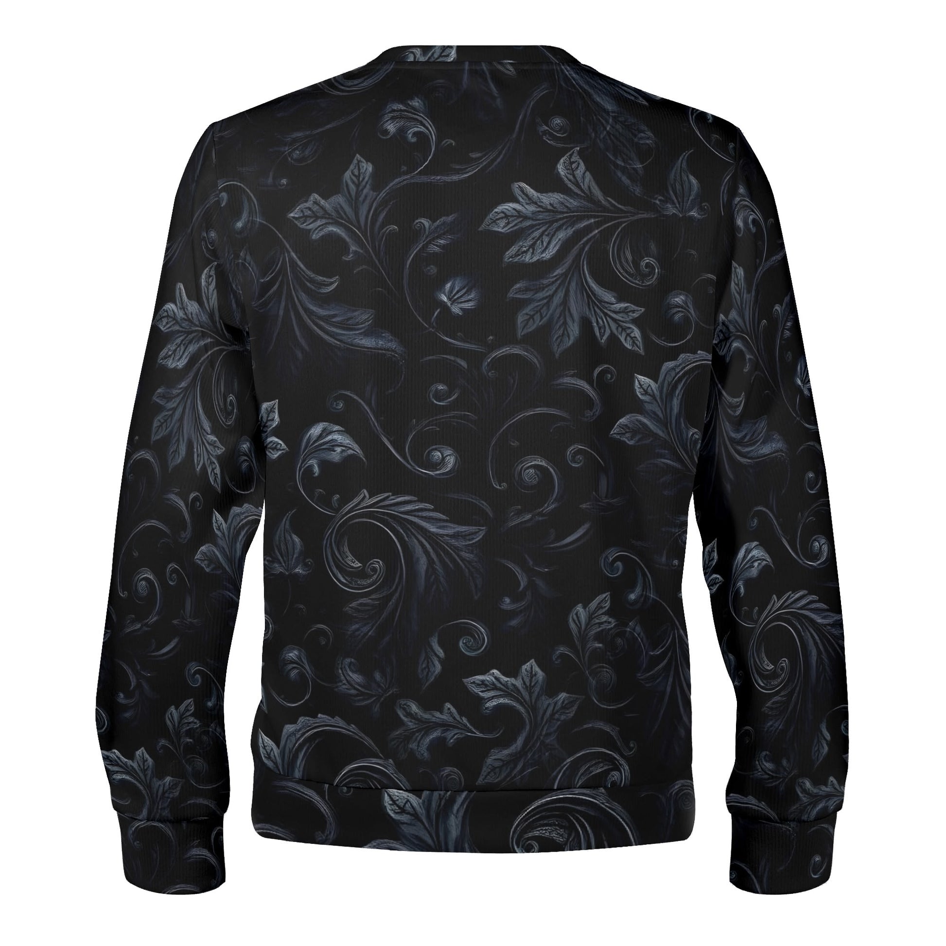 Shadowed Foliage Poly French Terry Sweatshirt unisex black back view with dark gray ornamental leaves