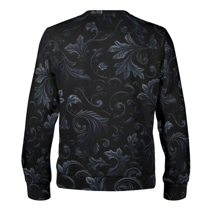 Shadowed Foliage Poly French Terry Sweatshirt unisex black back view with dark gray ornamental leaves