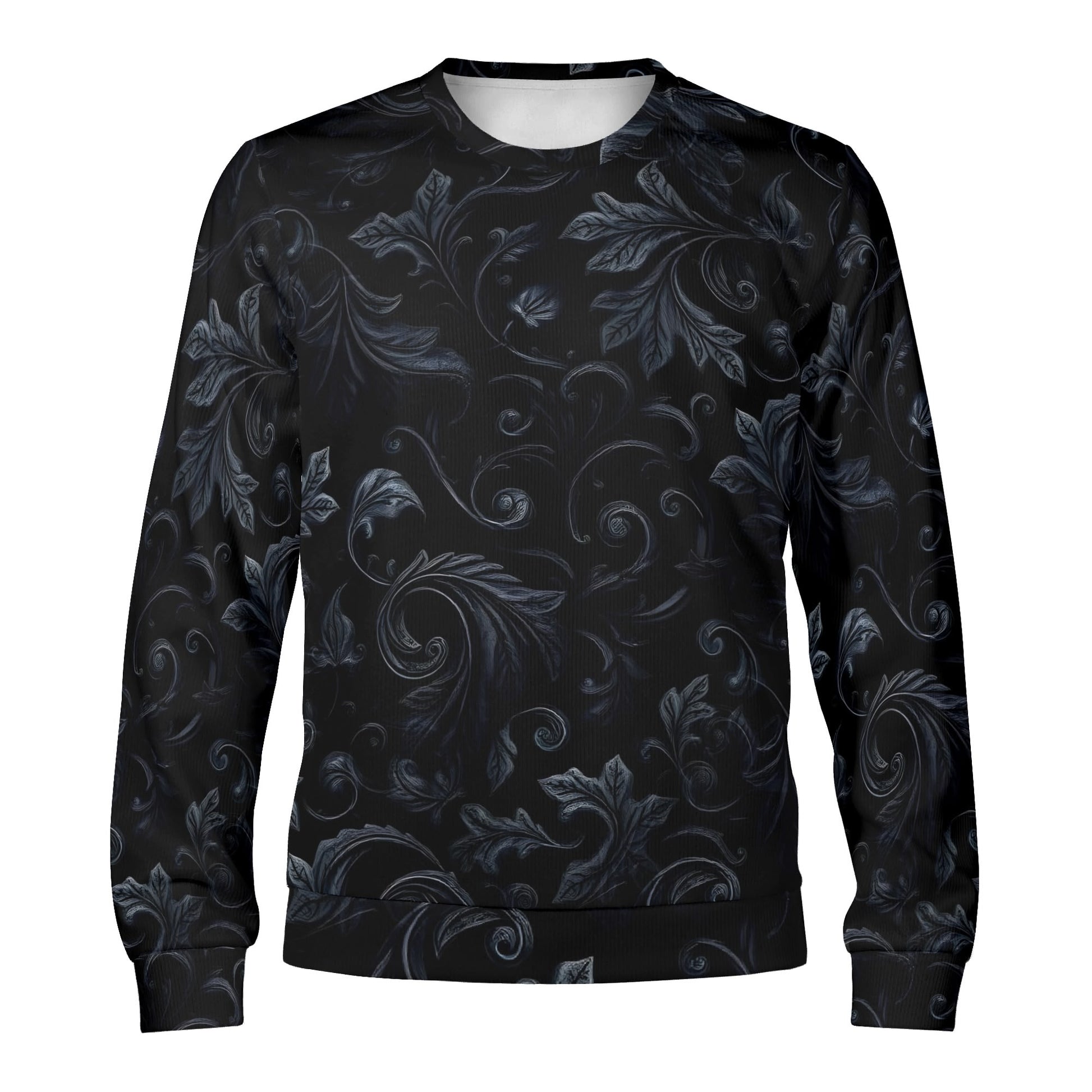 Loud and Lethal Shadowed Foliage Poly French Terry Sweatshirt unisex black crewneck with dark gray foliage pattern