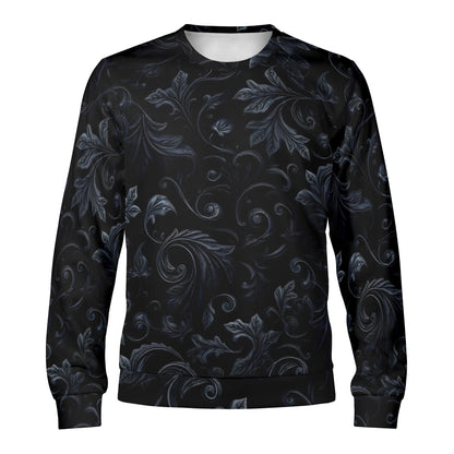 Loud and Lethal Shadowed Foliage Poly French Terry Sweatshirt unisex black crewneck with dark gray foliage pattern