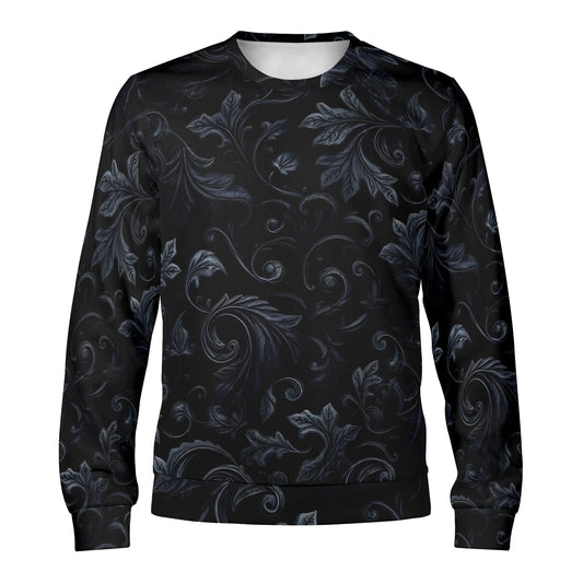 Loud and Lethal Shadowed Foliage Poly French Terry Sweatshirt unisex black crewneck with dark gray foliage pattern