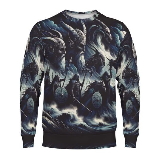 Storm Riders of the Divine Poly French Terry Sweatshirt unisex sweater featuring Viking riders in stormy waves