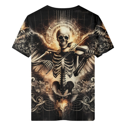 Loud and Lethal Violin Virtuoso 100 Cotton T Shirt with skeleton playing violin and wings design