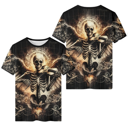 Violin Virtuoso 100 Cotton T-Shirt featuring skeleton angel playing violin with dark artistic design