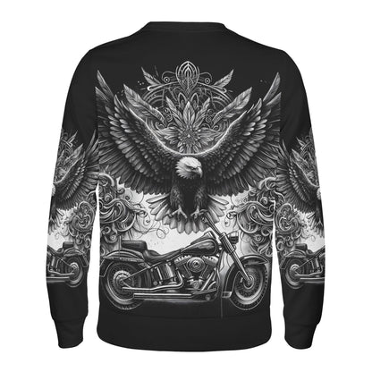 Soaring Eagle Poly French Terry Sweatshirt unisex black crewneck with large flying eagle and motorcycle back print