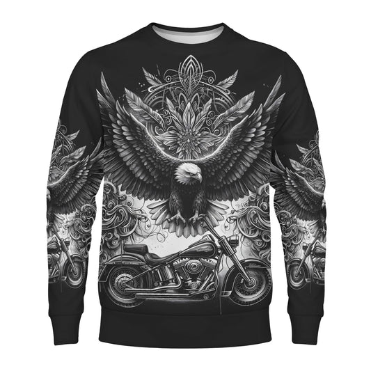 Loud and Lethal Soaring Eagle Poly French Terry Sweatshirt black unisex sweater with bald eagle and motorcycle graphic