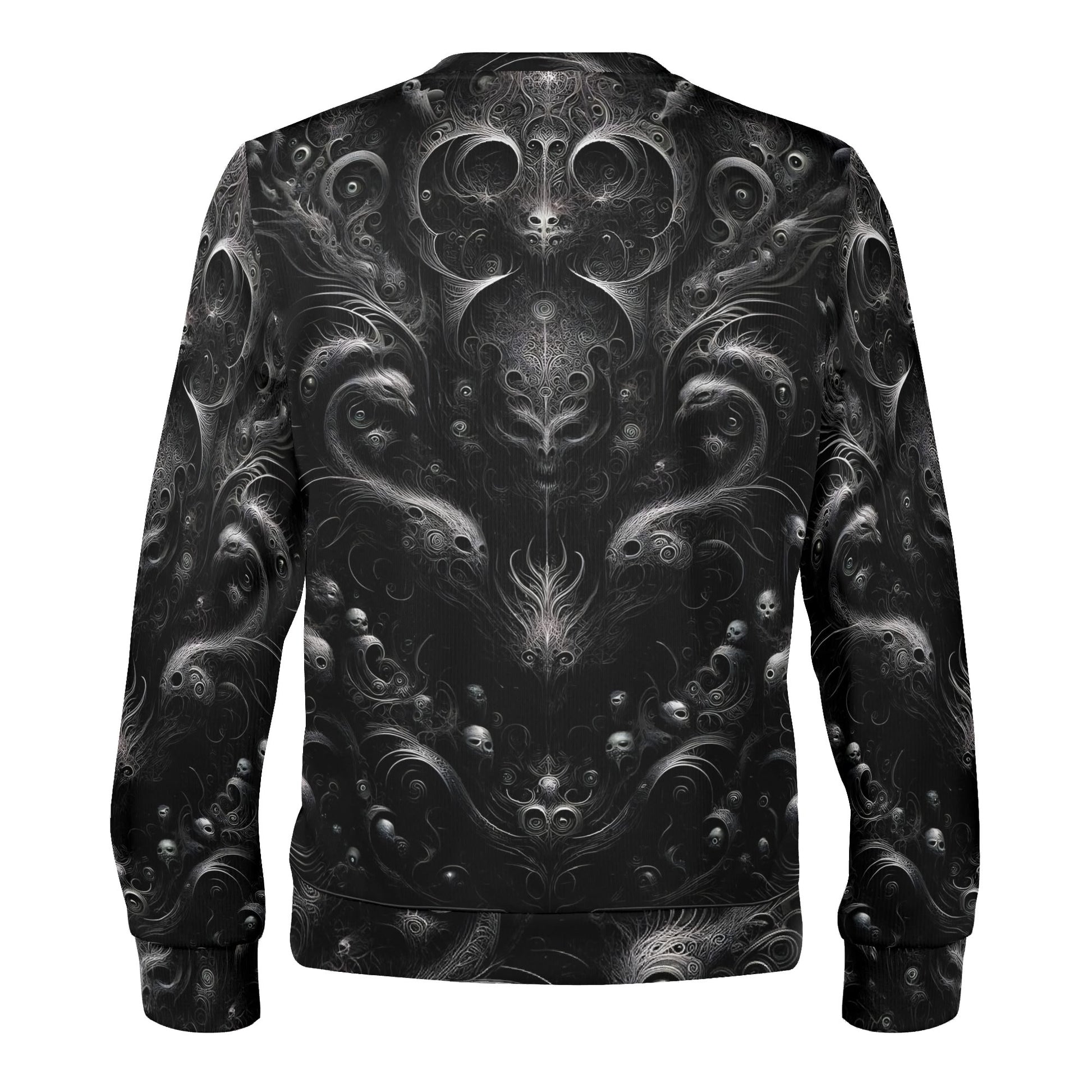 Loud and Lethal unisex sweater featuring Whispers of the Void Poly French Terry Sweatshirt black gothic skull and swirl print