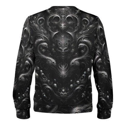 Loud and Lethal unisex sweater featuring Whispers of the Void Poly French Terry Sweatshirt black gothic skull and swirl print