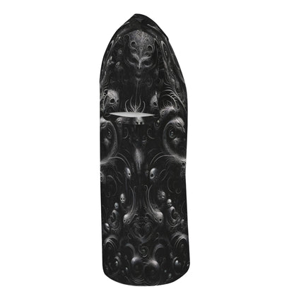 Side view of Loud and Lethal Whispers of the Void 100 Cotton T-Shirt with dark abstract skull design