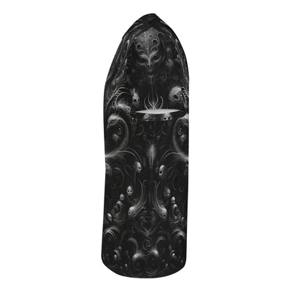 Loud and Lethal Whispers of the Void Lycra T-Shirt with dark intricate abstract design on black fabric