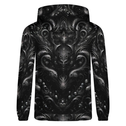 Back view of Loud and Lethal Whispers of the Void Poly French Terry hoodie with dark intricate skull and swirl patterns