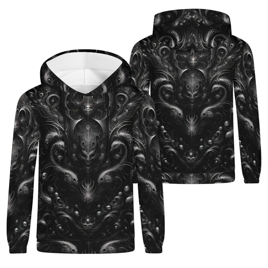 Whispers of the Void Poly French Terry hoodie by Loud and Lethal with intricate black and gray abstract design