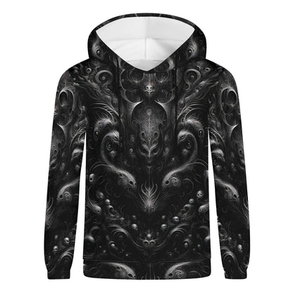Unisex Whispers of the Void Poly French Terry hoodie by Loud and Lethal with dark intricate skull design