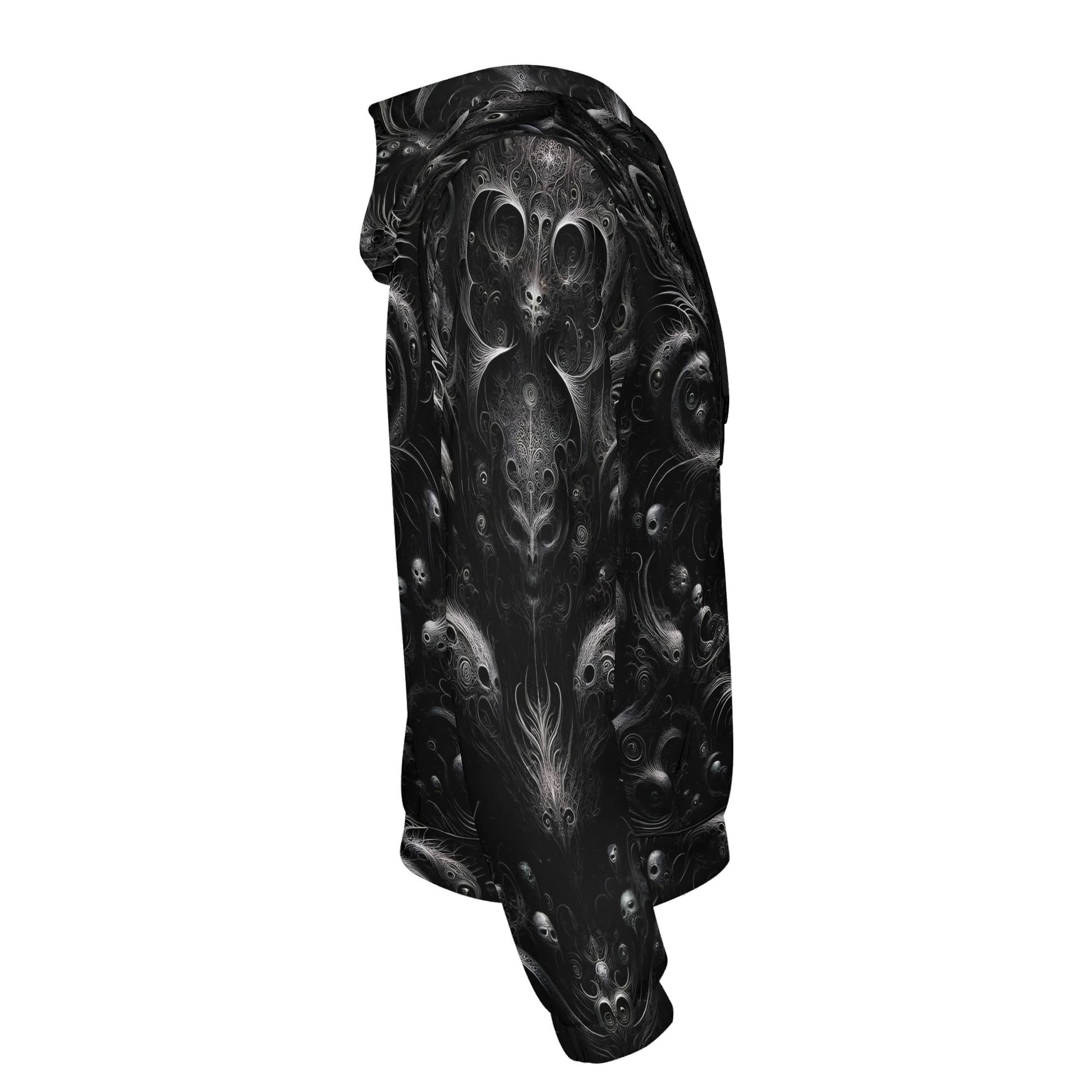 Side view of Loud and Lethal Whispers of the Void Poly French Terry hoodie featuring dark intricate skull designs