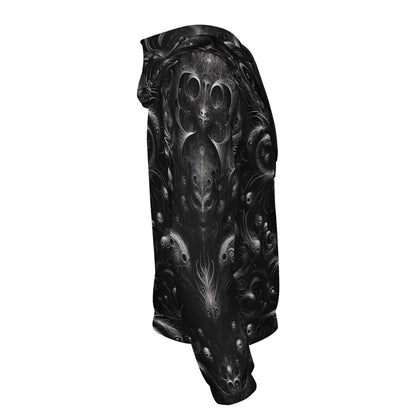 Side view of Loud and Lethal Whispers of the Void Poly French Terry hoodie featuring dark intricate skull designs
