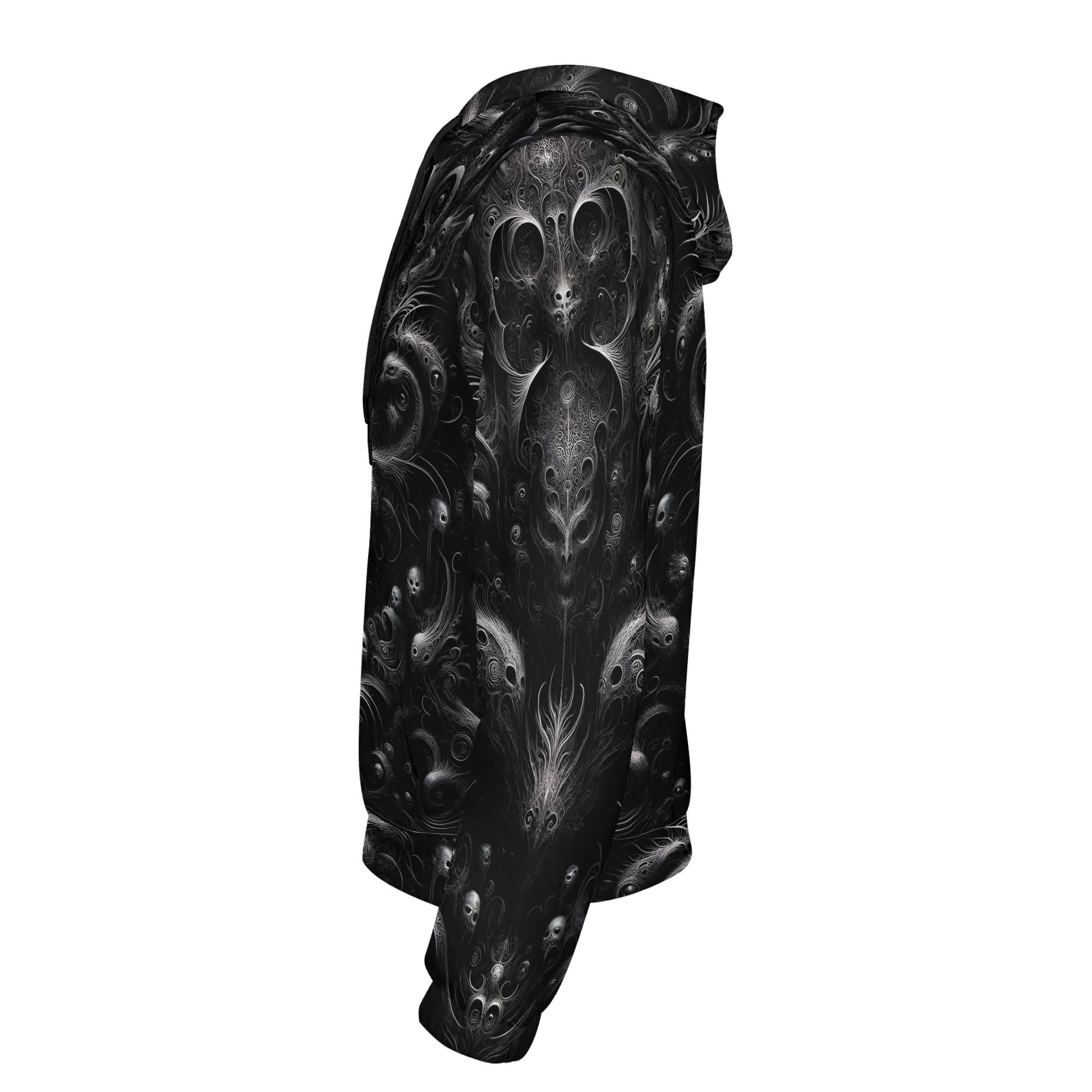 Side view of Loud and Lethal Whispers of the Void Poly French Terry hoodie with dark intricate skull design