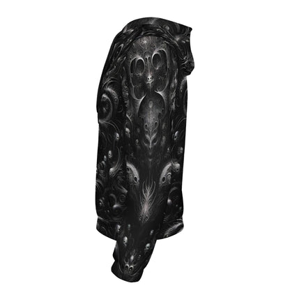 Side view of Loud and Lethal Whispers of the Void Poly French Terry hoodie with dark intricate skull design