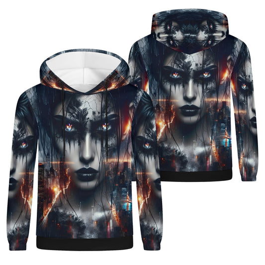Unisex Wicked Vision Cotton Terry hoodie by Loud and Lethal featuring dark artistic face and cityscape design