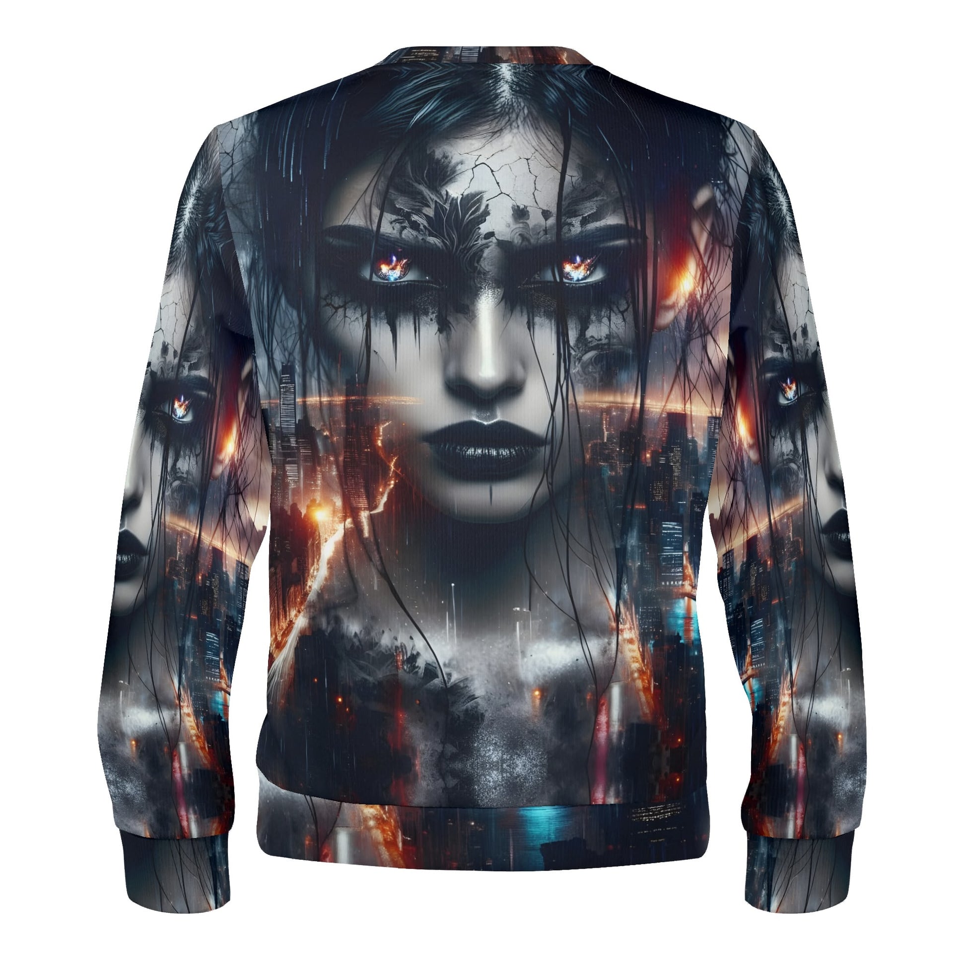 Wicked Vision Poly French Terry Sweatshirt Loud and Lethal unisex sweater with dark gothic face and fiery cityscape print