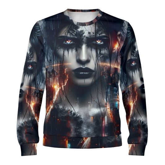 Wicked Vision Poly French Terry Sweatshirt unisex sweater with dark gothic female face and fiery eyes all over print